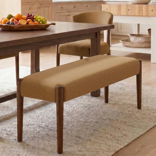 Usaint 42" End of Bed Bench with Wood Legs, Caramel Orange with Walnut Leg | Modern Upholstered Bedroom Bench with Rubberwood Legs, Entryway Bench with Cushion, Dining Bench for Living Room, Bedroom - color: Caramel Orange With Walnut Leg