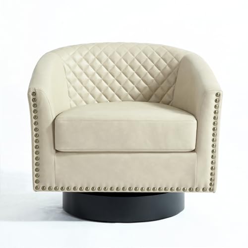 Faux Leather Swivel Accent Chair, Modern Barrel Club Armchair, Beige | Comfy Living Room Chair, Modern Nailhead Trim Round Armchair Bedroom Reading Seat with Removable Cushion, Wood Frame - color: Retro Beige