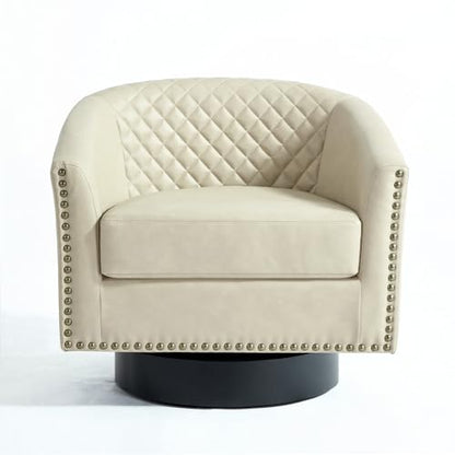 Faux Leather Swivel Accent Chair, Modern Barrel Club Armchair, Beige | Comfy Living Room Chair, Modern Nailhead Trim Round Armchair Bedroom Reading Seat with Removable Cushion, Wood Frame - color: Retro Beige