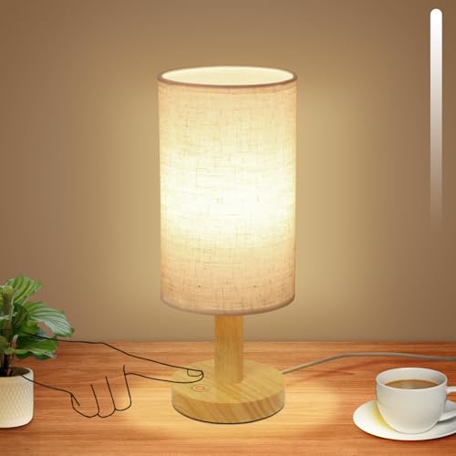 Small Touch Table Lamp with Stepless Dimming&USB Plug,Natural Round Wood Base&Linen Fabric Shade |Soft Ambient Warm Night Light|Minimalist Boho Bedside Lamp for Bedroom,Nightstand,Nursery,Kitchen,Dorm - size: Round - USB Plug Touch - Set of 1