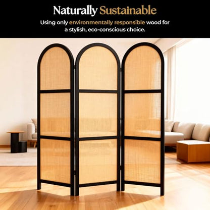 ELK & ELDER 3-Panel Room Divider | Folding Privacy Screen with Arched Dark Wood Frames and Light Woven Panels | Portable Divider for Home,Office, Living Room, Bedroom | 66" H x 56" W |Dark Wood/Beige