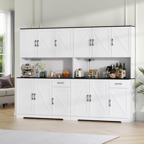 Gyfimoie 71’’ Farmhouse Kitchen Pantry Cabinet, Tall Storage Cabinet with Power Outlet, Freestanding Hutch with Drawer, 4 Adjustable Shelf & 6 Doors for Kitchen Living Room (White) - color: White