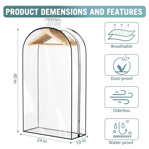 Liuoud Clear Garment Bags for Hanging Clothes 10” Gusseted, 4 Pack, 40” | Suit Bags for Closet Storage with Large Metal Zipper, Breathable odorless Hanging Plastic Clothes Cover for Coat Dress Fur - color: Clear, size: 40 inch