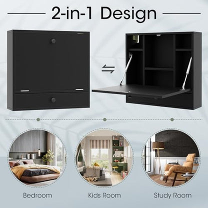 Tangkula Wall Mounted Desk, Folding Floating Wall Mount Laptop Desk, Space Saving Wall Mounted Table with Storage Drawer & Shelves (Black) - color: Black
