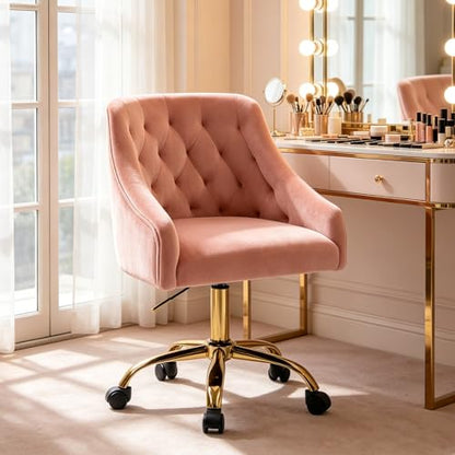 MOJAY Velvet Home Office Desk Chair, Vanity Chair with Wheels Pretty Fancy Gold 360°Swivel Height Adjustable Office Chairs for Girls Home Offices, Bedrooms, Living Room (Pink) - color: Pink