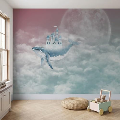 ASJ Kids Nursery Peel and Stick Wallpaper Mural, Whale Castle Moonlight | Seamless edge-to-edge match. Full moon cloud fairy tale artwork, 118x78 in, premium fabric, kids bedroom playroom. - color: Moonlight Silver, size: 118" x 78"