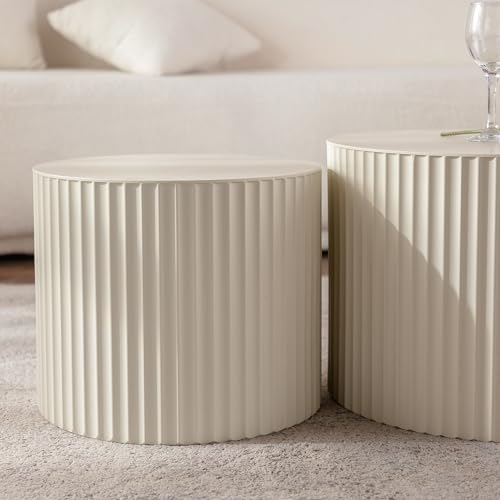 Nesting Coffee Table Set of 2, Round Wood Coffee Table and End Table Sets, Modern Double Luxury Modular Accent Center Tea Table for Living Room Bedroom, （Beige + Cream, 18.9" & 14.96" - color: 18.9" & 15"-beige