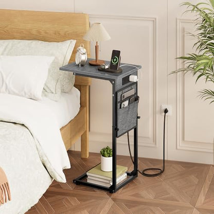 C Shaped End Table with Charging Station, C Table End Table Adjustable Height, Small Side Table for Couch, Sofa Table Slide Under Couch TV Tray Arm Table for Living Room, Bedroom, Gray Walnut - color: Gray Walnut, style: With Plug