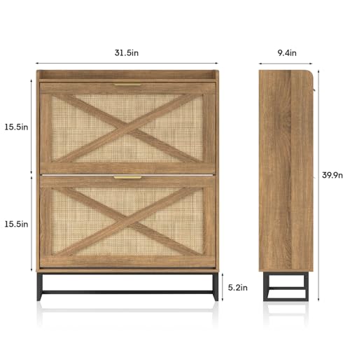 Maupvit Shoe Storage Cabinet with 2 Rattan Flip Drawers, Freestanding Organizer with Metal Legs for Entryway, Narrow Shoe Rack Cabinet, Hidden Golden Handles, Rustic Oak Rattan - color: Rustic Oak Rattan, style: 2-Drawers