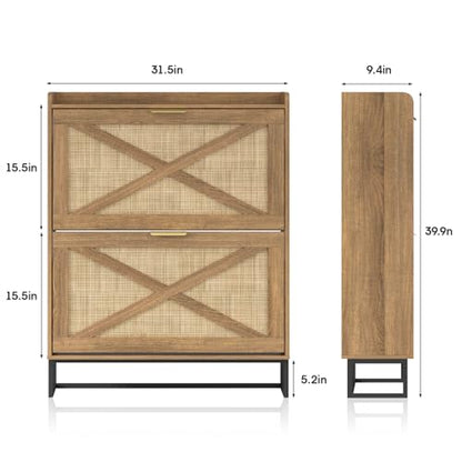 Maupvit Shoe Storage Cabinet with 2 Rattan Flip Drawers, Freestanding Organizer with Metal Legs for Entryway, Narrow Shoe Rack Cabinet, Hidden Golden Handles, Rustic Oak Rattan - color: Rustic Oak Rattan, style: 2-Drawers