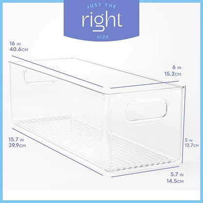 Plastic Food Storage 4 Pack Clear Container Bin with Handles for Organizing Kitchen, Pantry, Refrigerator, Freezer, Pantry, Cabinet, Closet, Bathroom. 16”x6”x5” - size: 16x6x5