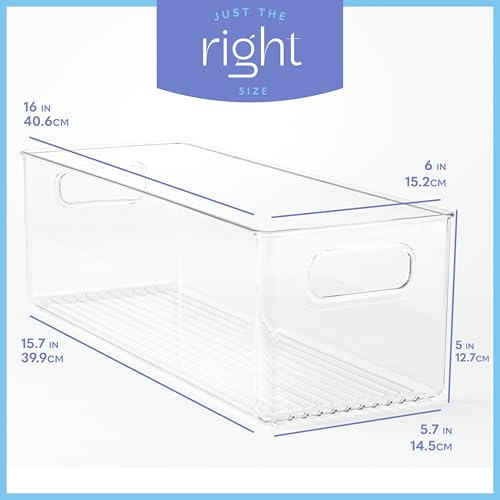 Plastic Food Storage 4 Pack Clear Container Bin with Handles for Organizing Kitchen, Pantry, Refrigerator, Freezer, Pantry, Cabinet, Closet, Bathroom. 16”x6”x5” - size: 16x6x5