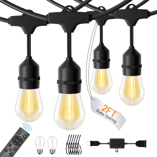 48FT Outdoor String Lights with Remote, Waterproof & Connectable | 2FT Spacing, Heavy Duty Commercial Grade, 18 AWG Cord, 24+2 Shatterproof Bulb, IP65, Timer & Dimmable, 2700K Warm White, Yard - size: 48FT (24 Sockets)