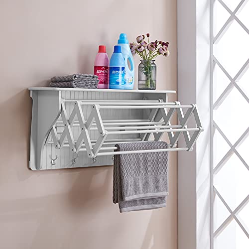 Danya B Accordion Clothes Drying Rack, Retractable, Wall Mounted Towel Rack and Hooks for Clothes and Towels for use in Laundry Room or Garage - White