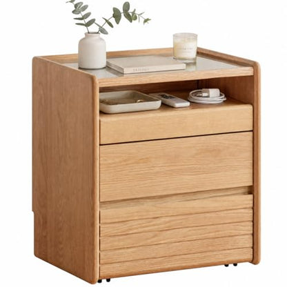 Solid Oak Nightstand with Hidden Drawers, Natural Wood Night Stand with Wheels, Rolling Bedside Table with Glass Tabletop and Open Shelf, Modern Nightstand for Bedroom, Living Room(25.59" H) - color: Natural, size: 1 pc(13.78"D x 19.69"W x 25.59"H )