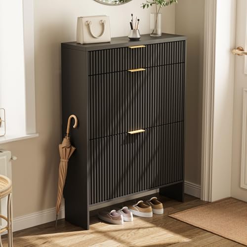 Fluted Shoe Cabinet Storage with 2 Flip Drawers & 1 Drawers, Wood Narrow Hidden Shoe Cabinet for Entryway, Freestanding Slim Shoe Rack Organizer for Foyer Hallway Living Room(Black) - color: Black, size: 3drawers