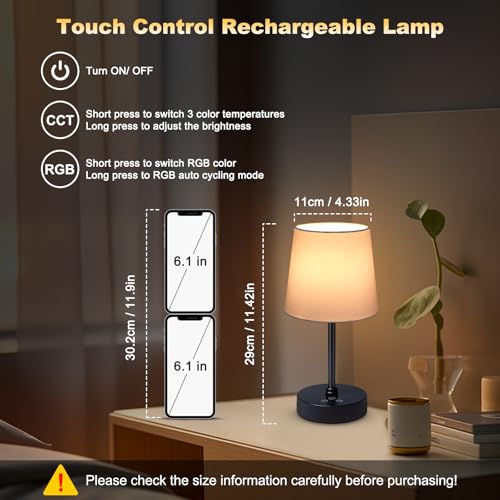 Wowag Cordless Table Lamp,5000mAh Rechargeable Battery Operated Desk Lamp,3Colors & 7 RGB Stepless Dimmable, Portable Small Touch Fabric Shade LED Night Light for Patio Restaurant Home(White) - color: Black+White Shade, size: 11.4in