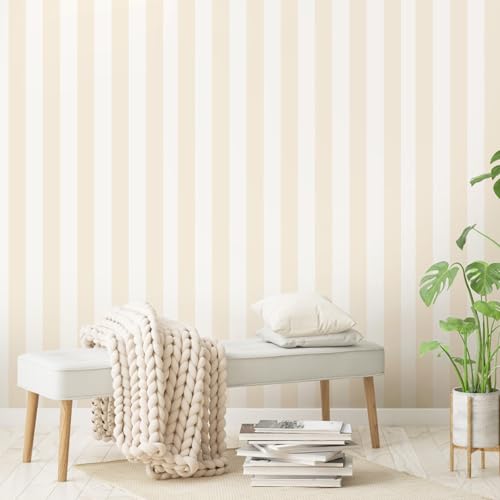 Beige and White Striped Peel and Stick Wallpaper 17.3"x400" | Beige and White Contact Paper Modern Removable Self-Adhesive Vinyl Striped Wallpaper for Bedroom Bathroom Kitchen - color: Beige, size: 17.3" x 400"