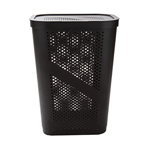 Mind Reader Slim Laundry Hamper with Lid, 60L Clothes Basket, Ventilated Plastic, Brown - color: Brown, size: Single