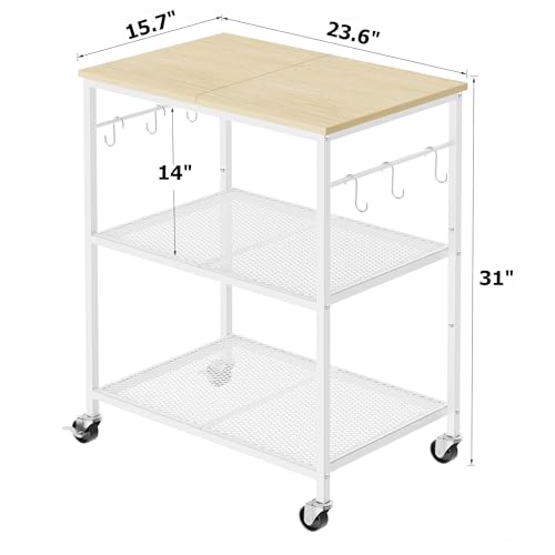Homleke 3-Tier Rolling Kitchen Microwave Cart, Utility Cart | with Lockable Wheels Coffee Bar Table Station with 6 Hooks, Small Appliance Storage Shelf, White and Natural - color: White and Natural