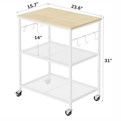 Homleke 3-Tier Rolling Kitchen Microwave Cart, Utility Cart | with Lockable Wheels Coffee Bar Table Station with 6 Hooks, Small Appliance Storage Shelf, White and Natural - color: White and Natural