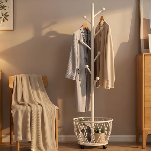 Off-White Moveable Tree Metal Coat Rack with Basket Freestanding 65" | Organizer for Scarf Jacket Hat Bags Ideal for Home Entryway Bedroom Corner Stable - color: Off-White