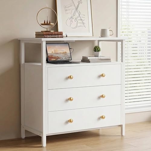 Edbuosy 27" Wide Nightstand with Charging Station & 3 Drawer, White | Small Dresser for Closet, 2 AC Outlets & 2 USB Ports, Open Shelf, Adjustable Feet, Wood Nightstand for Living Room or Bedroom - color: White, size: 3 Drawer