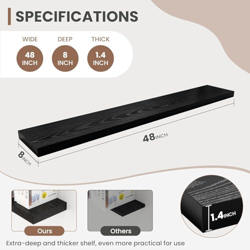 Acovy 48 Inch Floating Shelves, 8 Inch Deep Floating Shelves for Wall, Hanging Shelf with Invisible Brackets, Deep Shelves for Bathroom, Bedroom, Living Room, Black, Set of 2 - color: Black, size: 8"Wx48"L-2pcs