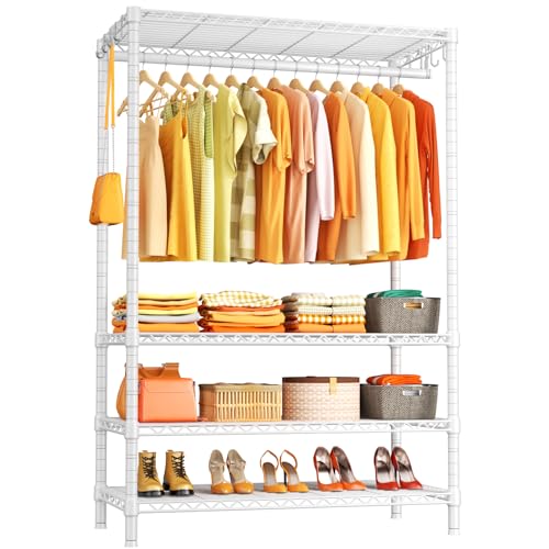 H4 Plus Garment Rack, 4-Tier Portable Clothes and Clothing Rack for Bedroom and Cloakroom, Closet Storage and Organizer Wardrobe System, 45" W x 14" D x 76.4" H, Load 522lbs, White | Heavy-Duty Metal Clothing Storage and Organizer Wardrobe System for Cloa