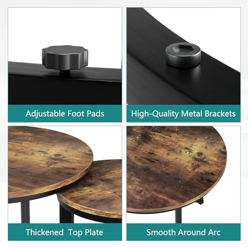 Smuxee Nesting Coffee Table Set of 2, 23.6" Round Coffee Table Rustic Wood Top with Adjustable Non-Slip Feet, Industrial End Table Side Tables for Living Room Bedroom Balcony Yard - color: Rustic Brown, size: 23.6"W