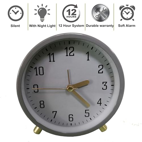 SHISEDECO Small Analog Alarm Clock, Battery Operated Desk Clock,Grey | Bedside Analog Non-Ticking Silent Small Deskclock Battery Operated for Living Room, Bedroom, Office - color: Grey Clock
