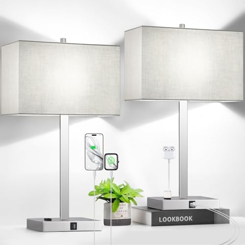 Lynnoland 21" Set of 2 Table lamp with USB A+C & AC Outlets, Touch Control 3-Way Dimmable Nightstand Lamps for Bedroom Living Room Office Reading, Gray Shade Touch Lamps, 5000K LED Bulbs Included - color: (2 Pack)Gray Linen & Brushed Nickel (Base)-5000K B