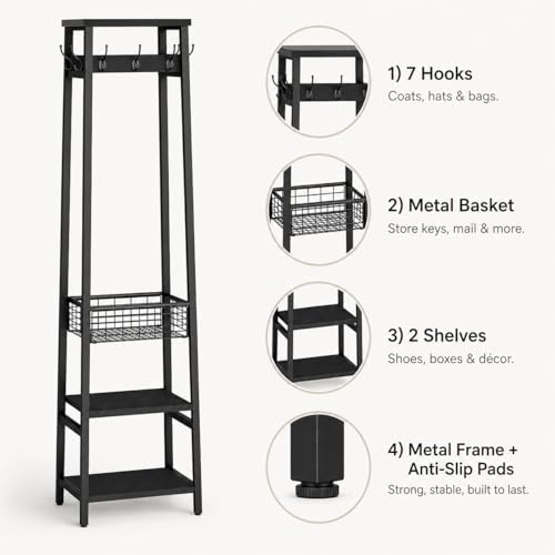 Coat Rack with Metal Basket and Storage Shelves | Coat Stand Freestanding, Hall Tree With and 7 Hooks, Clothes Rack Stand Organizer, Black - color: Black, style: 2 Shelves + 1 Basket