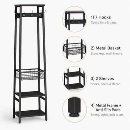 Coat Rack with Metal Basket and Storage Shelves | Coat Stand Freestanding, Hall Tree With and 7 Hooks, Clothes Rack Stand Organizer, Black - color: Black, style: 2 Shelves + 1 Basket