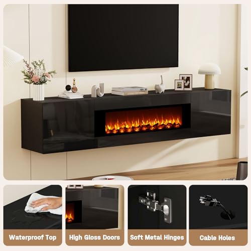 70" Wall Mounted Floating TV Stand with 36" Electric Fireplace, High Gloss Floating Entertainment Center TV Shelf for TVs Up to 80", Black Fireplace Media Console Table Floating TV Cabinet Living Room - color: Black, size: 70"-with fireplace