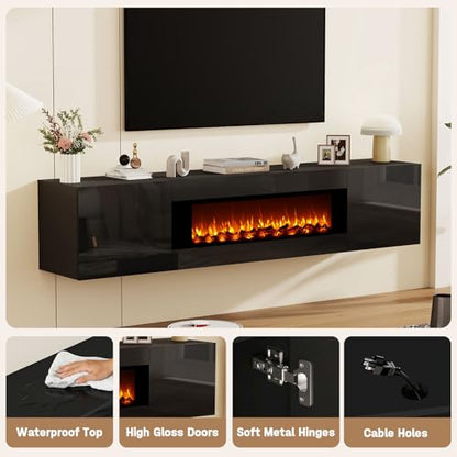 70" Wall Mounted Floating TV Stand with 36" Electric Fireplace, High Gloss Floating Entertainment Center TV Shelf for TVs Up to 80", Black Fireplace Media Console Table Floating TV Cabinet Living Room - color: Black, size: 70"-with fireplace