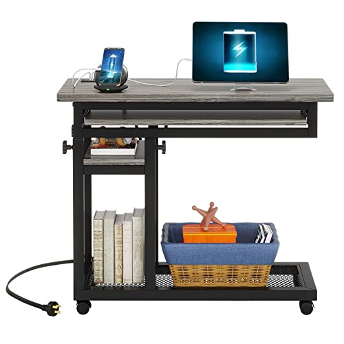 Tribesigns Small Portable Desk with Power Outlet, Height Adjustable Sofa Couch Bedside Laptop Table with Wheels, Mobile Standing Desk Rolling Computer Cart C Side Table with USB Ports - color: Grey