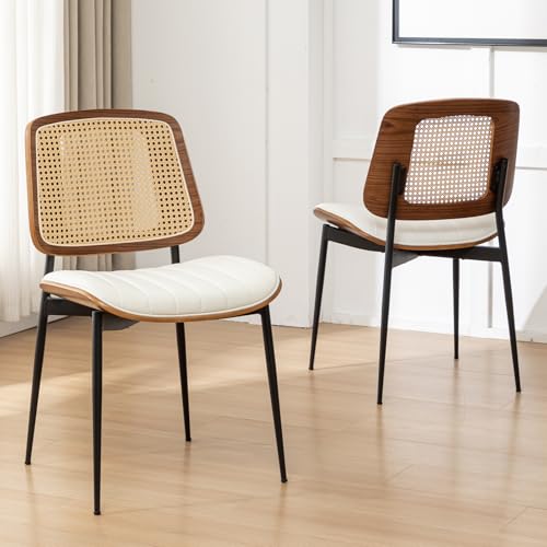 Rattan Dining Chairs Set of 4,Mid Century White PU Leather Kitchen Chairs,Upholstered Seat Metal Legs Chairs with Adjustable Foot Pads,Walnut Armless Side Chairs - color: White, size: Set of 4