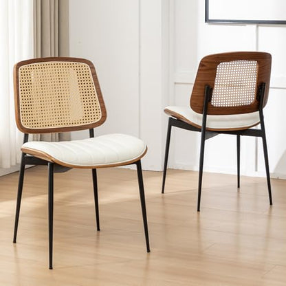 Rattan Dining Chairs Set of 4,Mid Century White PU Leather Kitchen Chairs,Upholstered Seat Metal Legs Chairs with Adjustable Foot Pads,Walnut Armless Side Chairs - color: White, size: Set of 4