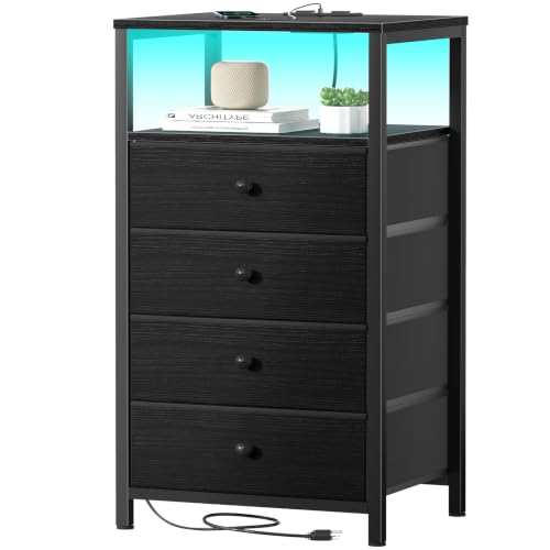 BOLUO Tall Night Stand with Drawers, Black Nightstand with Charging Station and LED Light, Small White 4 Drawer Dresser for Bedroom, Room Storage Closet - color: B.black, size: 11.8"D x 15.7"W x 33.9"H(4 drawers)