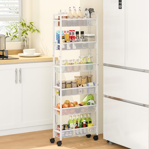 ThreeHio 6 Tier Slim Storage Cart, Narrow Cart with Wheels, Metal Mobile Shelving Unit Organizer for Bathroom, Kitchen, Laundry Room, Living Room & Narrow Spaces, White, 6in(W) - color: White, size: 6 Tier(6 inches)