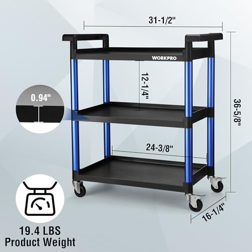 WORKPRO 3-Tier Service Utility Cart, 400LBS Plastic Rolling Cart with Handles & Lockable Wheels, Heavy Duty Storage Cart for Restaurant, Kitchen, Office, Garage, Warehouse - color: Black