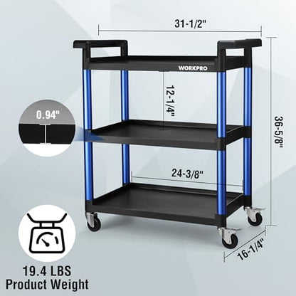 WORKPRO 3-Tier Service Utility Cart, 400LBS Plastic Rolling Cart with Handles & Lockable Wheels, Heavy Duty Storage Cart for Restaurant, Kitchen, Office, Garage, Warehouse - color: Black