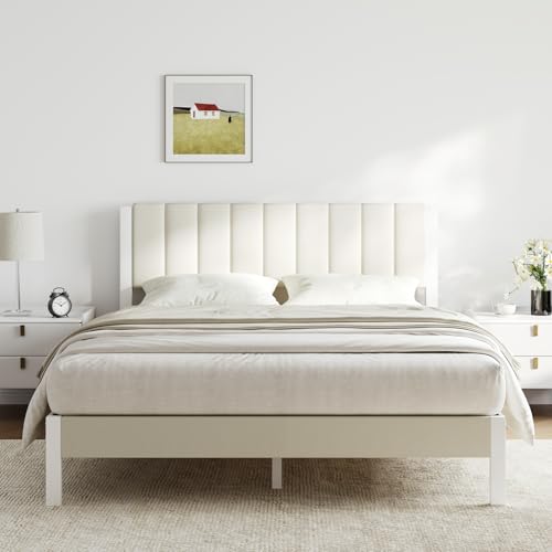 Novilla Queen Bed Frame with Piano Keys Headboard and Footboard, Metal Platform Bed Frames Queen Size, No Box Spring Needed, Easy Assembly, Steel Slats Support, Velvet White - color: White, size: Queen