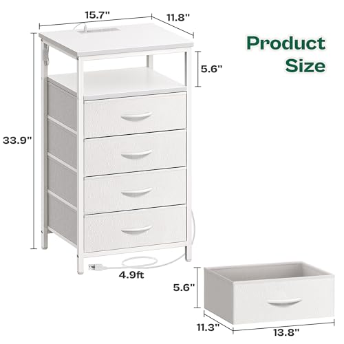 Huuger Night Stand with Charger Station and LED Lights, 4 Drawer Nightstand | Bed Side Table with Open ShelfEnd TableFabric Dresser for Bedroom, PU Leather, White - color: White, size: 11.8"D x 15.7"W x 33.9"H（4 Drawers）