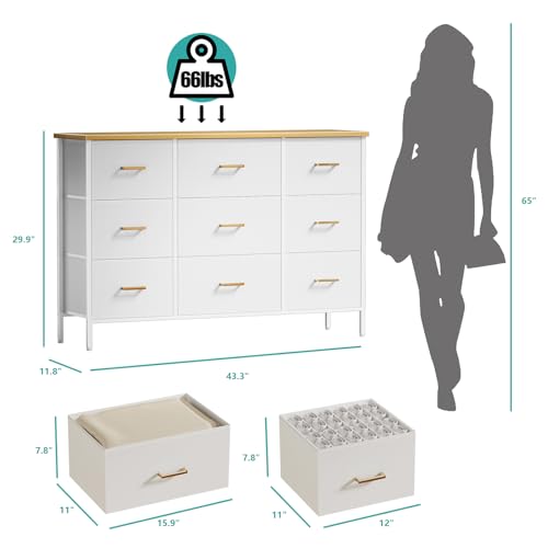 VASICAR Wide TV Stand Modern TV Console, 9 Drawers Dresser for Bedroom | Fabric Storage Cabinet, Chest of Drawers for Closet, Nursery, Living Room（Classic White） - color: White-retro Top