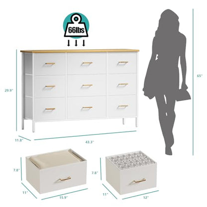 VASICAR Wide TV Stand Modern TV Console, 9 Drawers Dresser for Bedroom | Fabric Storage Cabinet, Chest of Drawers for Closet, Nursery, Living Room（Classic White） - color: White-retro Top