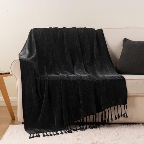 BATTILO HOME Black Chenille Throw Blanket, 50 x 60 Inches | Soft Chenille Knit with Handmade Fringe Tassels, Lightweight, Cozy and Less Prone to Tangling for Couch, Bed or Chair - color: Black