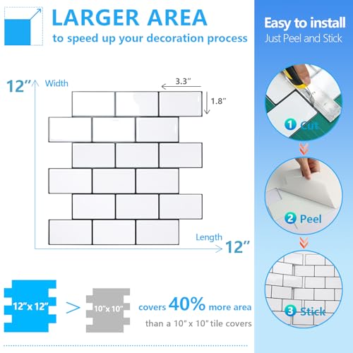 STICKGOO Subway Tile Peel and Stick Backsplash, Thicker Design 12" x 12" Stick on Backsplash Tiles for Kitchen, Bathroom, Wall Tile (10 Sheets, Cold White with Black Grout) - color: Cold White With Black Grout