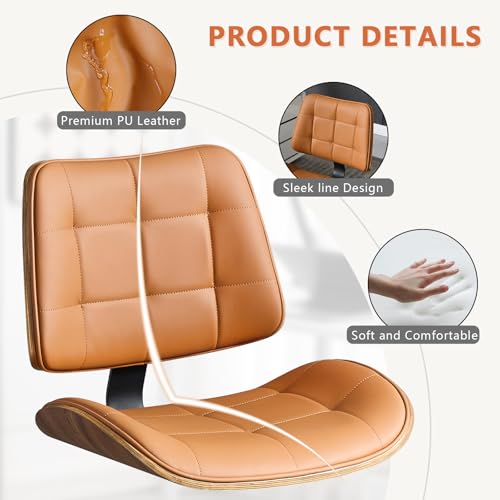 Home Office Desk Chair with Rubber Wheels, Armless Bentwood, Brown | Adjustable Height Armless Office Chair, PU Leather Mid Back 360°Small Computer Chair, No Arms Walnut Seating, 300LBS Support - color: Brown, size: Standard Style